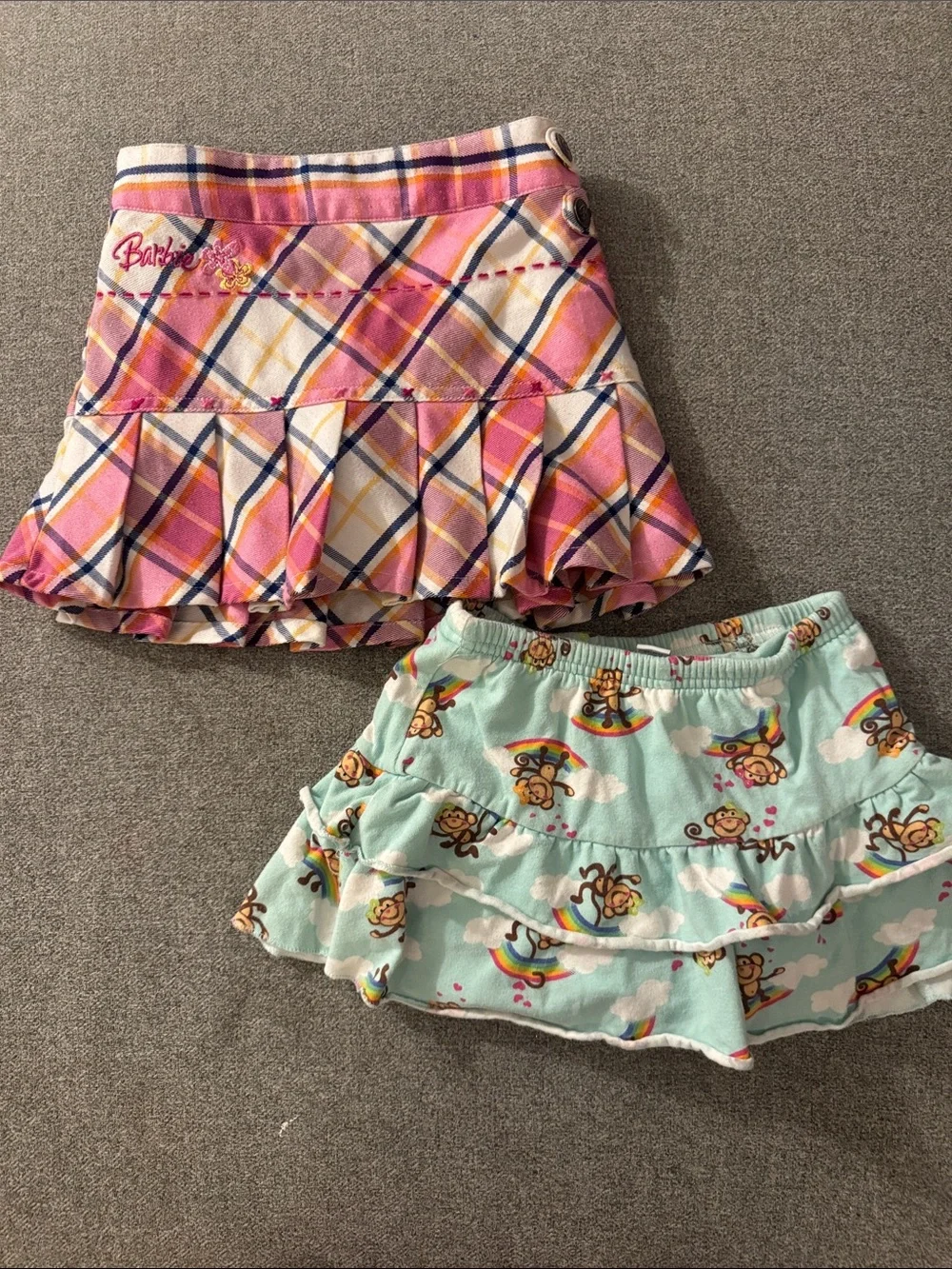 5/$15- Barbie Pink Plaid Ruffle Skirt with Mint Monkey Ruffle Skirt Set